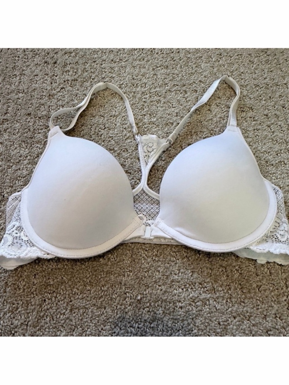 Maidenform Customize It White Bra Sz 34B Push Up Padding Plunge Sexy Racerback